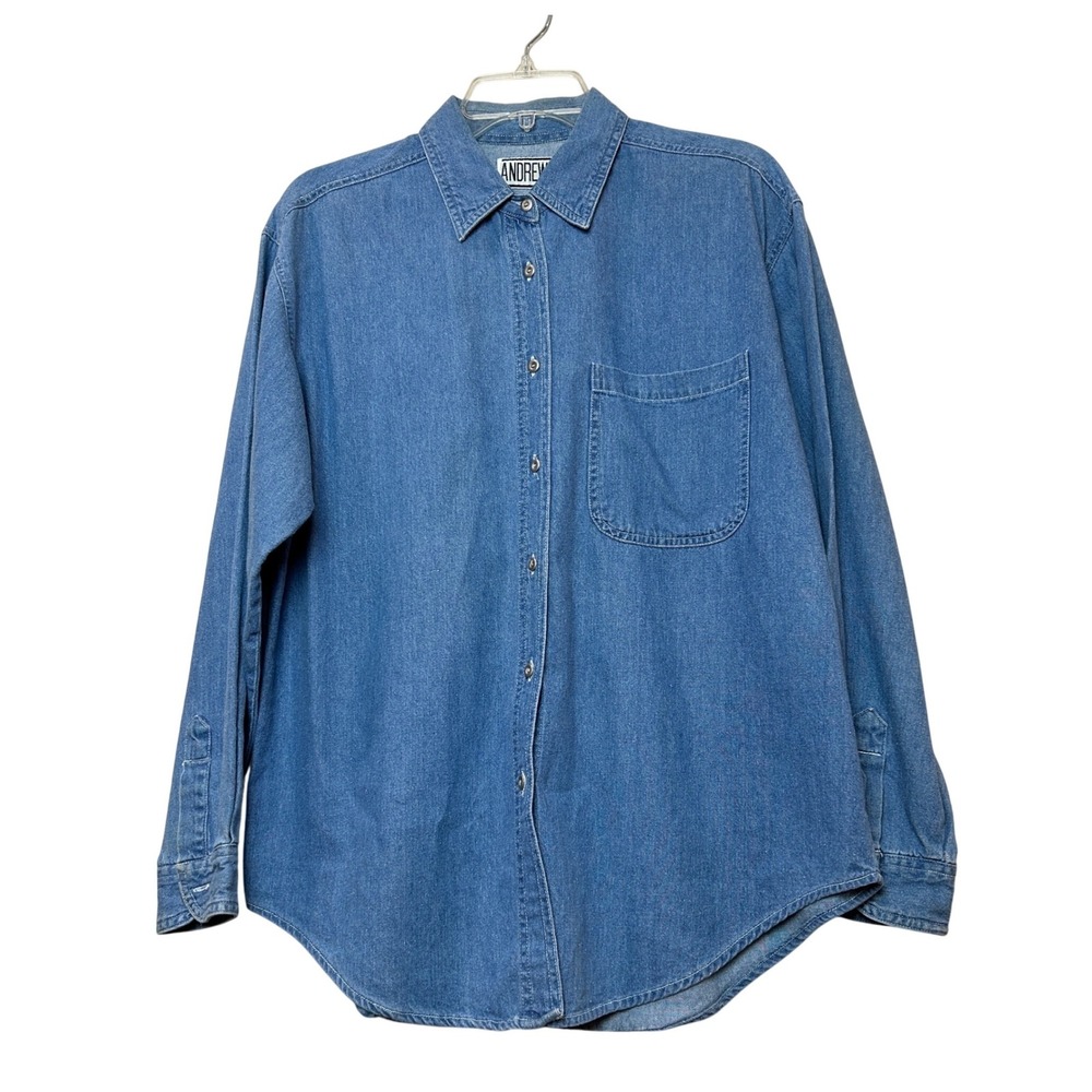 Vintage Denim Button Down Shirt Womens Medium Blue Cotton Chambray 90s Utility
